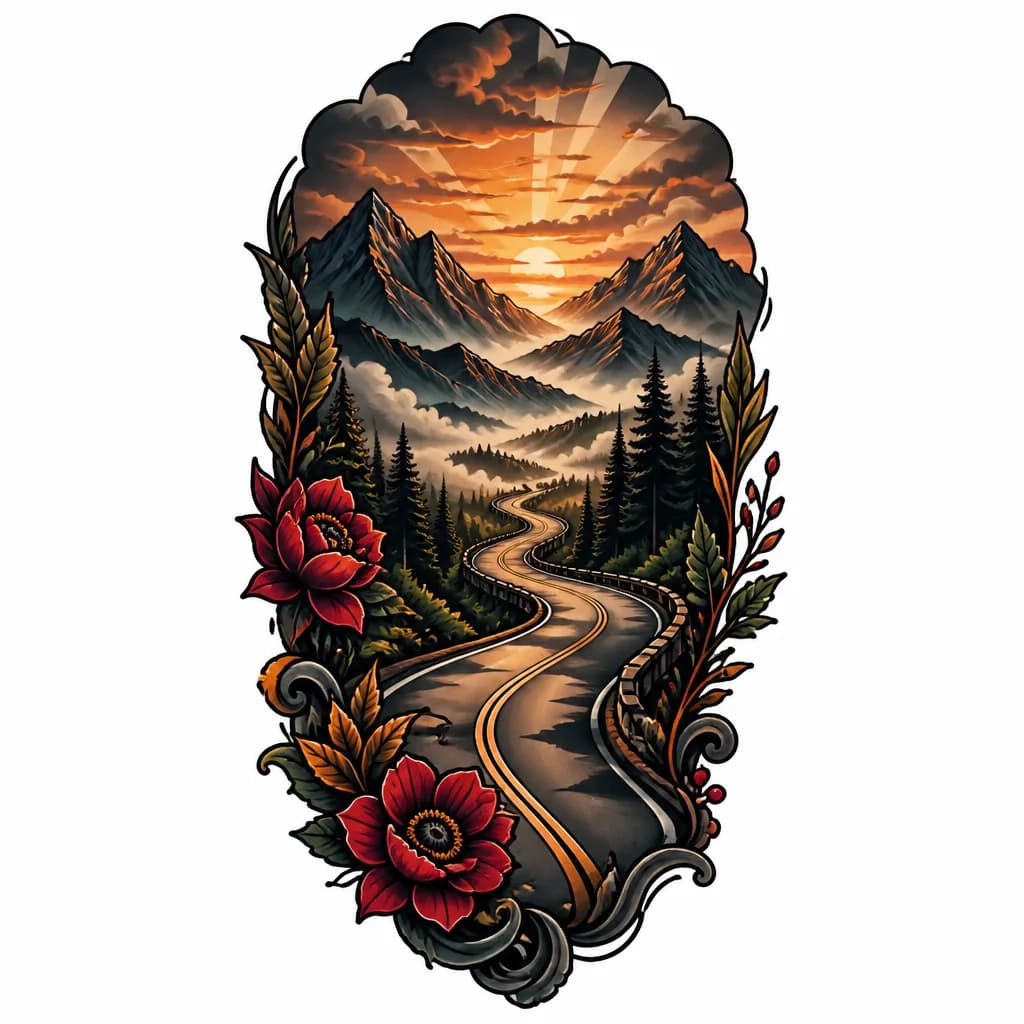 Тату эскиз: Vertical tattoo composition with the road as the central element. Soft mist or fog along the road, denser at the horizon and fading near the foreground. Mountain silhouettes with a few sharp rock details, rest dissolved in fog. Sunset rays breaking through the haze. Background edges heavily blurred with a vignette effect, gentle gradient from dark grey to near-transparent. Road remains sharp with strong perspective and shadows.