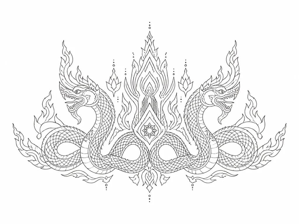 Тату эскиз: Southeast Asian Naga dragon tattoo design, Phaya Naga style, symmetrical composition for upper back and shoulder blades, wide horizontal flow. Pure line art, clean black outlines only, no shading, no gradients, no coloring, open space fill. Detailed dragon scales drawn with fine lines only. Thai and Khmer mythology style crest, sharp geometric details. 2D vector graphic, stencil look, isolated on a pure solid white background.