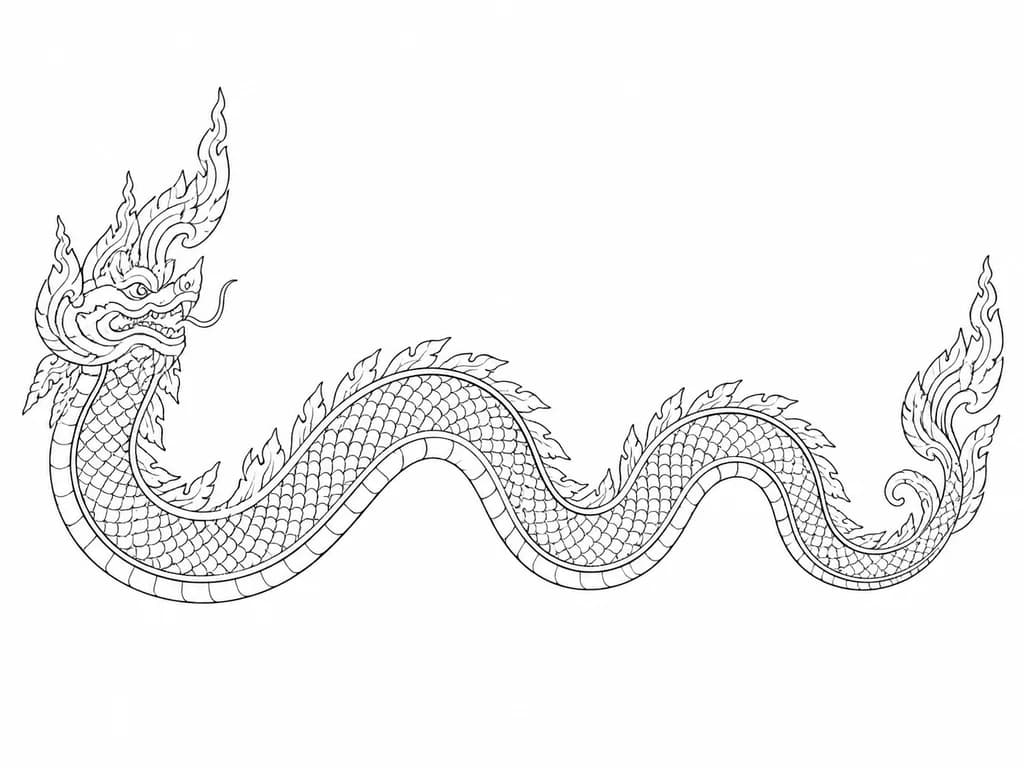 Тату эскиз: Minimalist tattoo design of a single Southeast Asian Naga dragon, Phaya Naga style, wide horizontal layout for upper back and shoulder blades. One single dragon only. Pure line art, clean black outlines only, absolutely no shading, no gradients, no coloring. Detailed dragon scales drawn with fine lines only. No fire, no smoke, no flowers, no background elements, no extra decorations. Only the dragon. 2D vector graphic, stencil look, isolated on a pure solid white background.