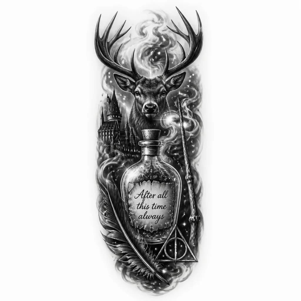 Тату эскиз: Поменять зелье Felix felicis на северуса снега, и добавить фразу после стольких лет… всегда на Английском