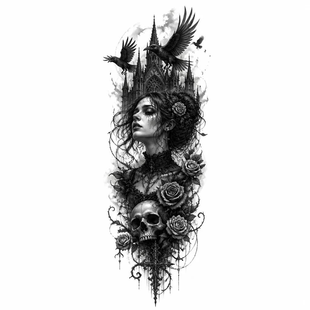 Тату эскиз: Make a tattoo suitable for the female part of the arm in a Gothic style showing features such as a lack of understanding of this world