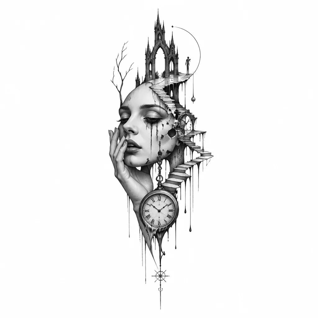 Тату эскиз: Make a tattoo suitable for the female part of the arm in a Gothic style showing features such as a lack of understanding of this world