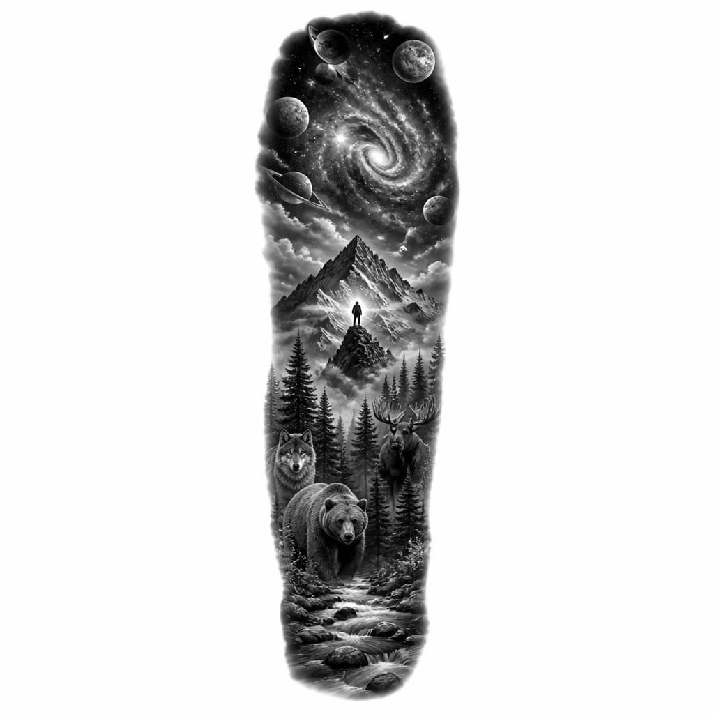 Тату эскиз: Full arm sleeve tattoo design, vertical composition from wrist to shoulder. Style: Graphic Realism, Black and Grey. Bottom (at the wrist): a flowing river merging into a dense coniferous pine forest. Key animals included: a realistic bear, a wolf, and a moose integrated into the forest landscape. Middle: misty mountains and a lonely person silhouette standing on a peak looking up at the sky. Top: smooth seamless transition into deep space. Cosmos containing stars, other planets, and nebulae. Sho