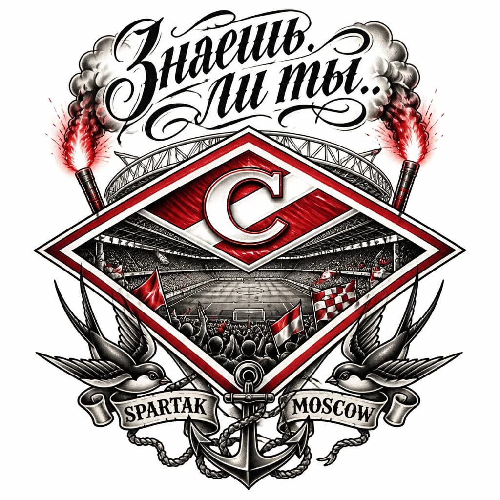 Тату эскиз: A tattoo flash design for a shoulder sleeve, realistic and graphic style. The main shape is a large, sharp geometric diamond logo of FC Spartak Moscow with a distinct red and white border. Inside the diamond, there is a detailed 3D perspective of a crowded football stadium bowl from the inside, showing stands, spectators with waving flags, and soccer field. At the top of the composition, above the diamond, the Russian text "Знаешь ли ты.." is written in elegant, bold calligraphy font. Red flare