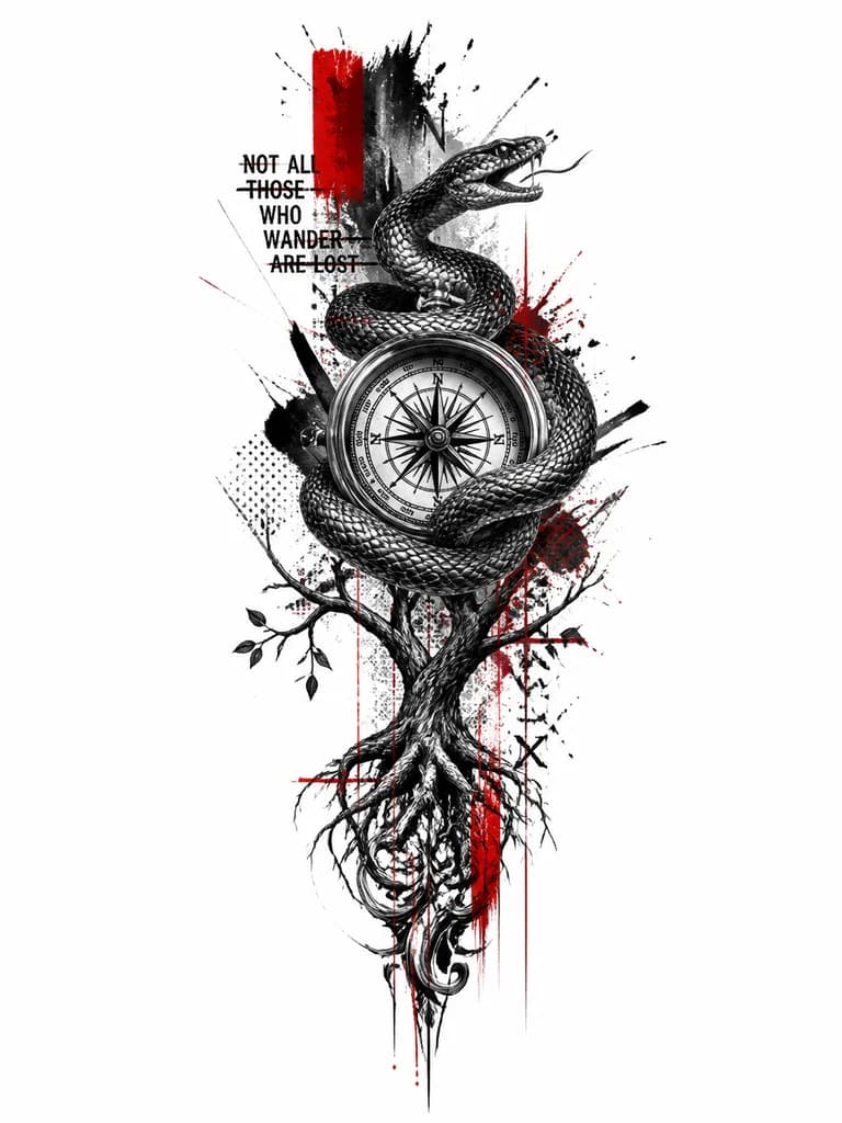Тату эскиз: «Черно‑серое тату в стиле black & grey на икре: змея обвивает компас, у основания — корни дерева, которые плавно переходят в орнамент. Компас детализированный, но без перегрузки; змея реалистичная, акцент на чешуе. Дерево — минималистично: тонкие ветви, несколько листьев. Общий вид сдержанный, мужественный, с хорошей читаемостью силуэта».