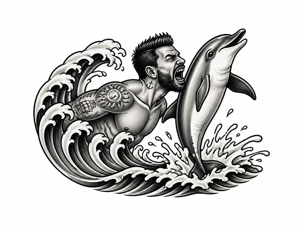 Тату эскиз: Рики мортин пытается съесть игривого дельфин выпрыгивающего из высокой изогнутой волны, тело образует легкую дугу, морда направлена вверх и немного в сторону, плавники раскрыты, хвост остается в брызгах.