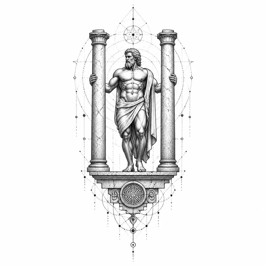 Тату эскиз: Тату находится на верхней стороне кисти
У основания суставов пальцев изображен древнегреческий бог , стоящий на пьедестале , удерживая две каменные колонны , его тело средне мускулистое , одет в белую плащаницу слегка прикрывая бёдра