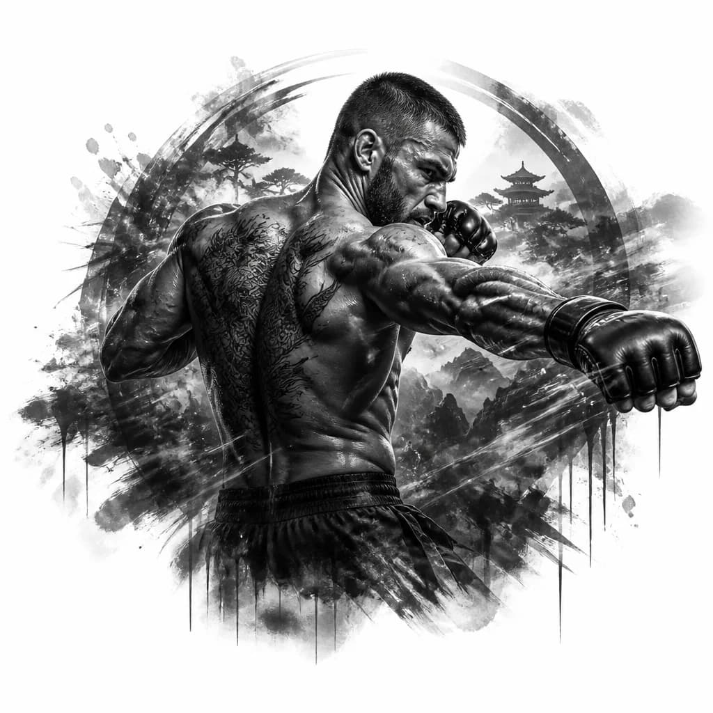 Тату эскиз: Black and grey realism tattoo for the upper back. A powerful male combat athlete captured in a dynamic striking pose, body naturally twisted with realistic athletic anatomy and defined muscles. Dramatic shadows, deep blacks, smooth grey gradients, subtle motion blur and atmospheric texture. Dark, masculine, intense but elegant. High-end custom tattoo aesthetic, strong composition following the spine and shoulder blades, clean negative space, timeless and artistic.