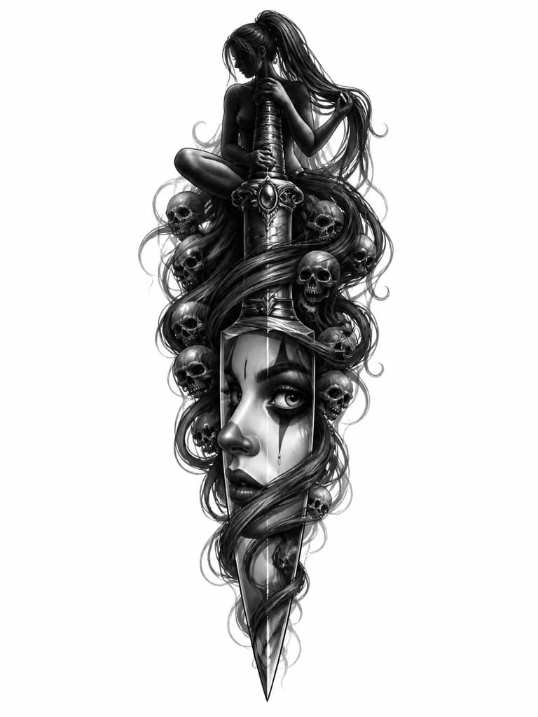 Тату эскиз: Кинжал,в котором отражается лицо девушки-видно глаза,шею,видно полностью нос горбинкой и кончик, губы,грим клоуна,губы зашиты,лицо занимает большую часть кинжала.кинжал много раз обвит вкруговую волосами другой девушки,которая сидит на ручке кинжала в полный рост,спускает волосы свои одной рукой,другой рукой держится за ручку кинжала.Плечи над ручкой кинжала,тело закрыто ручкой,волосы в хвост,за ней много волос,Черепа по всем волосам,одно колено вбок.голова-повернута,её видно не чётко,силуэт.