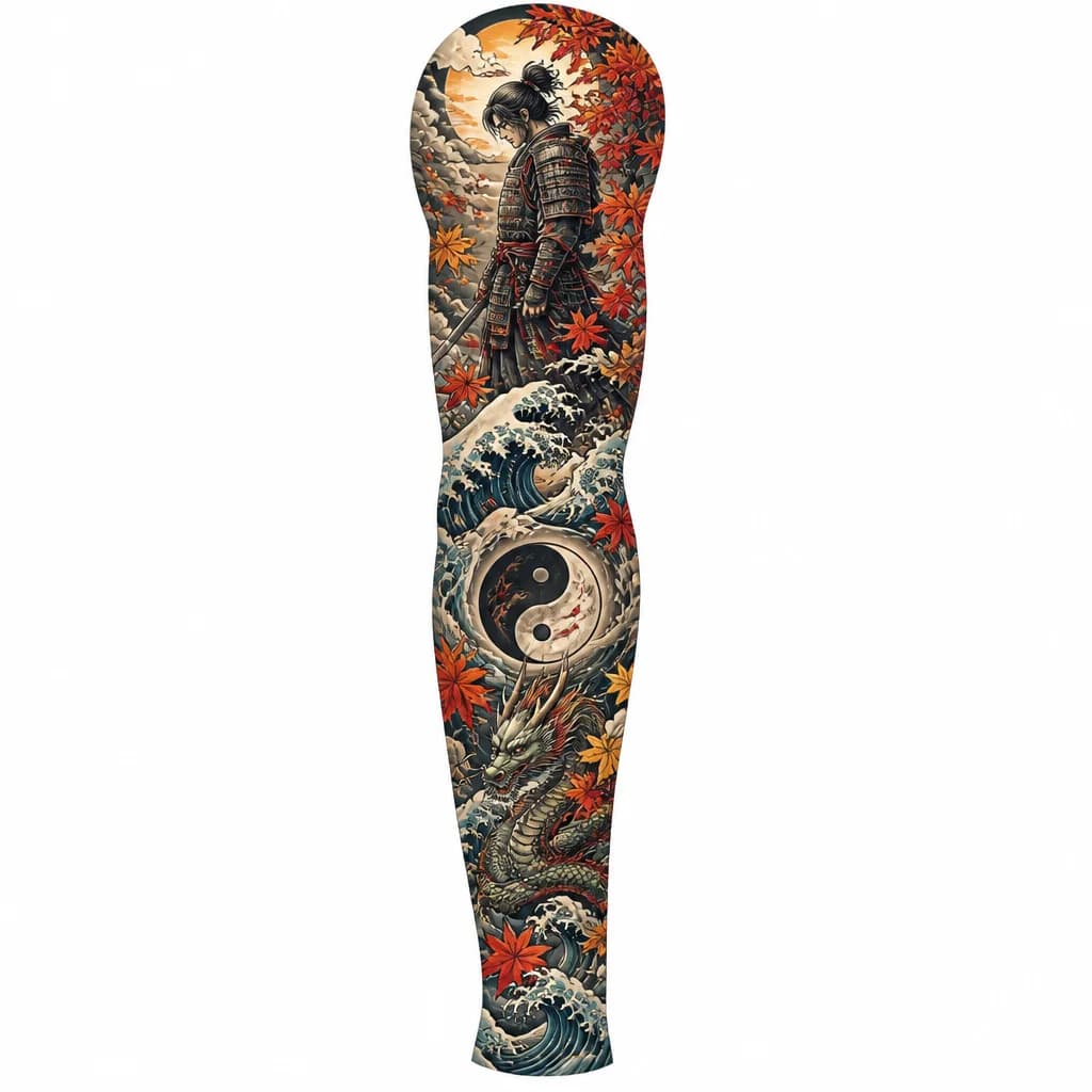 Тату эскиз: Full leg tattoo design, Japanese irezumi style, vertical composition, flowing from thigh to ankle, calm and balanced mood. Top: peaceful samurai with relaxed pose, sword down, looking downward. Middle: large smooth Japanese waves with clean negative space and thin gaps. Knee: yin-yang symbol integrated into water flow. Lower leg: Japanese dragon (ryu), elongated body flowing with waves, non-aggressive expression. Autumn theme: red and orange maple leaves drifting through composition. Strong vert