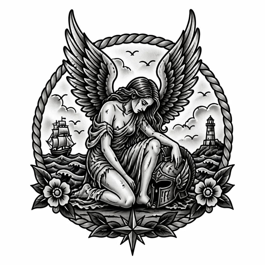 Тату эскиз: Падшая девушка ангел,стоит на одном колене и рукой оаирается на нашинату жлеоноры из игры элден ринг,крылья ек направленны вверх