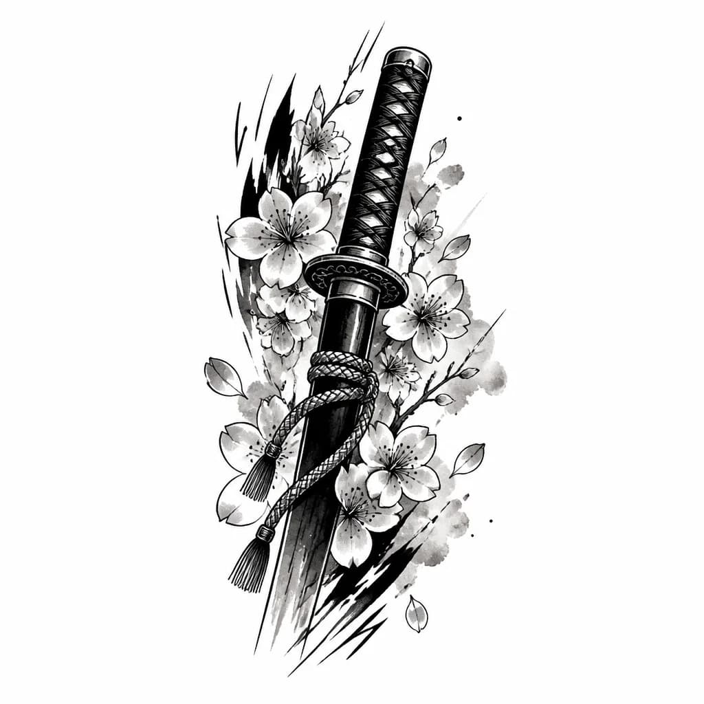 Тату эскиз: Сюжет: Японский меч (катана) в ножнах (сая) с традиционной оплеткой рукояти (цука-ито) и гардой (цуба) с серебряным контуром. Вокруг обильно цветы сакуры в стиле акварели с мягкими розовыми/телесными переливами и дымкой.
· Стиль: Смесь японского реализма и "блекворк" (черно-серый) с элементами акварельного окраса (watercolor style). Присутствуют графичные черные штрихи, имитирующие движение или разрушение пространства.
· Композиция: Вертикальная, идеально подходит для предплечья.