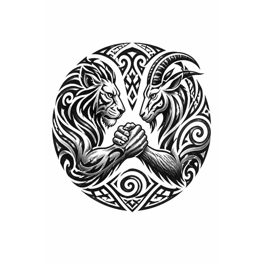 Тату эскиз: black and grey realism tattoo design, placement on upper right back, vertical composition. A powerful handshake where the forearms transform: right arm becomes a lion's leg with thick muscle and a tufted tail, left arm becomes a Capricorn's leg with coarse fur and a split hoof. The handshake forms the focal point, wrapped in a ribbon reading "UNBROKEN". High contrast, dramatic chiaroscuro, pure black ink, no color, clean white background. --ar 2:3