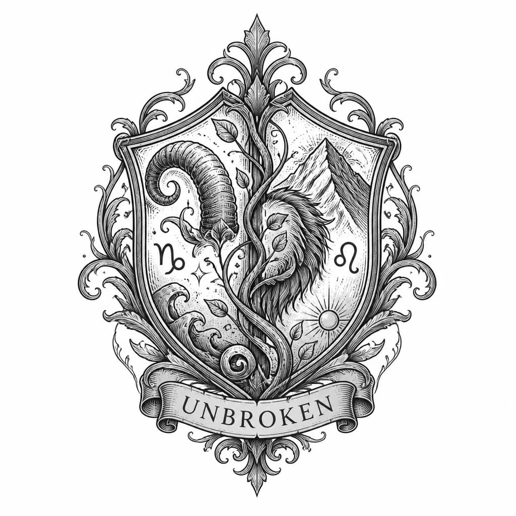 Тату эскиз: black and grey tattoo design, upper right back, vertical composition. A heraldic shield divided by a winding vine. Inside the shield, no full animals — only stylized fragments: on the left side, a curved Capricorn horn and a mountain peak; on the right side, a lion's mane segment and a sunburst. The vine intertwines these fragments, transforming into a banner below with the word "UNBROKEN". Etching/engraving style, cross-hatching, no hands, no faces. The zodiac signs are hidden in the ornament