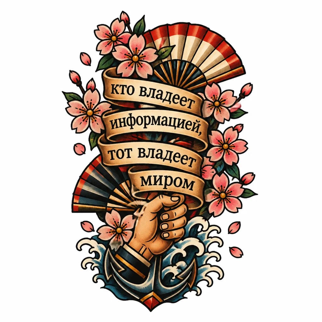 Тату эскиз: создать на руку тату с надписью "кто владеет информацией, тот владеет миром" среди японской сакуры и вееров без иероглифов