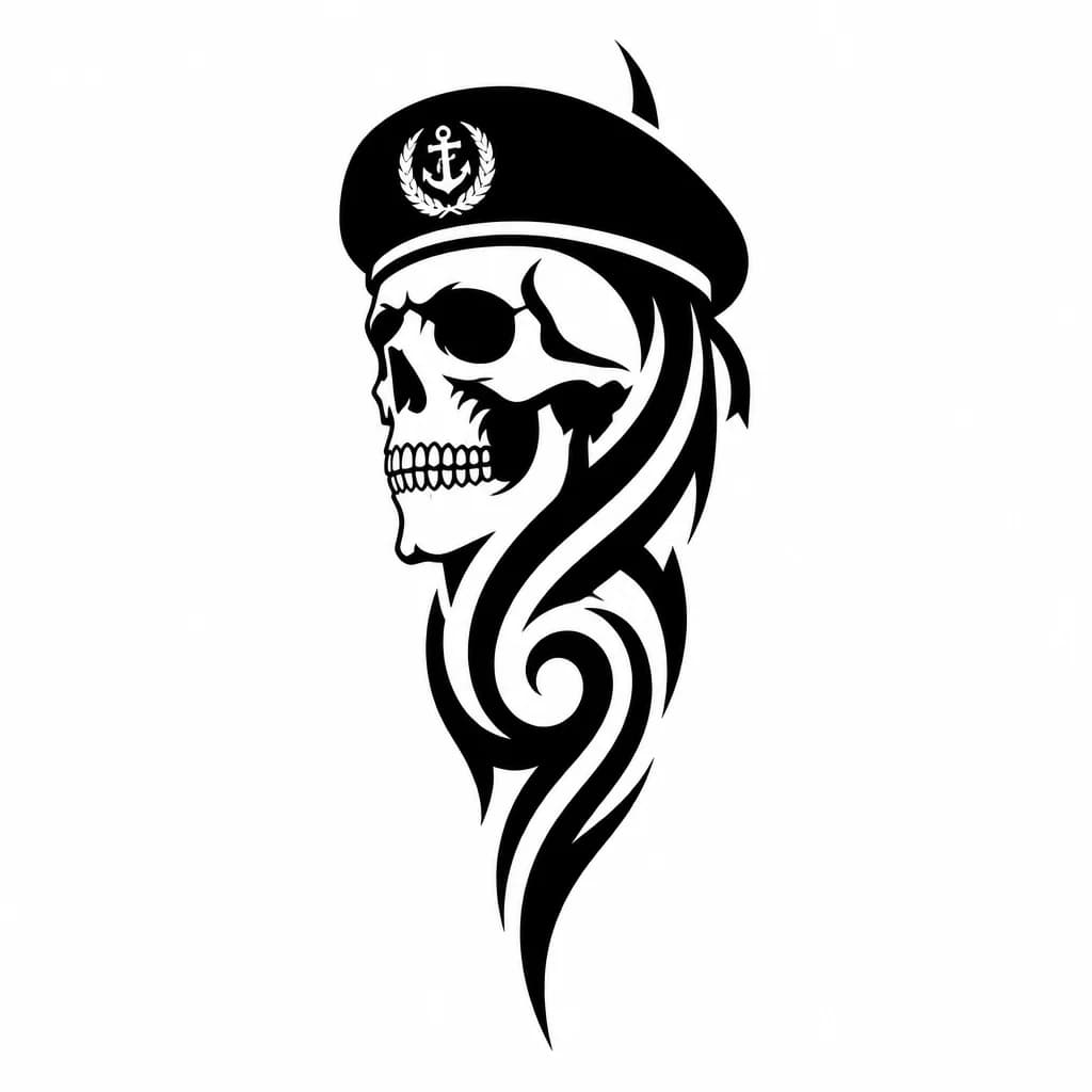 Тату эскиз: Minimalist tattoo sketch for the ribcage side: a stylized skull wearing the beret of the Russian Marine Corps; the beret features a small official-style emblem (subtle, not overloaded with detail). The composition is vertically elongated (10–12 cm height) to follow the rib curve. Clean black outlines only, no shading, no gradients, high contrast. Style: clean line art, vector-like quality, maximum readability from 2 meters. White background, no texture.