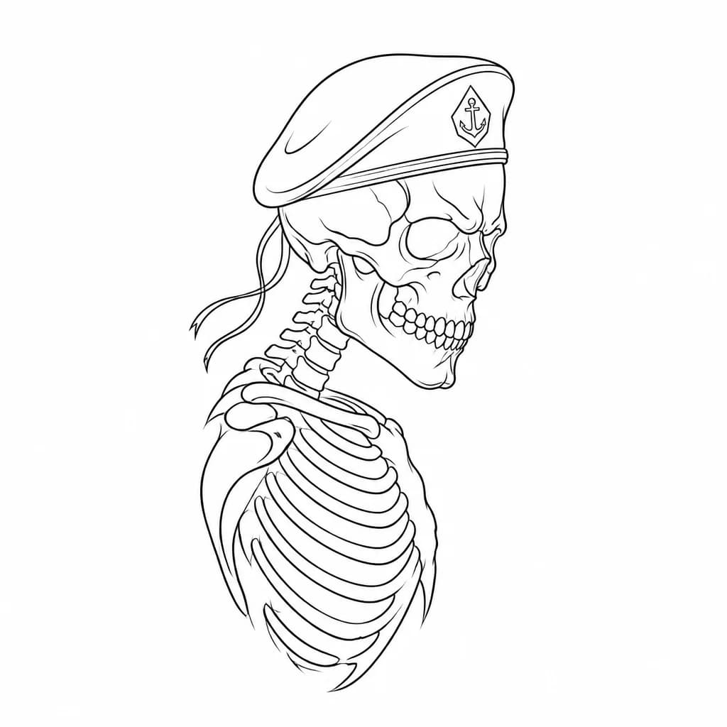 Тату эскиз: Tattoo line art sketch: a skull in a tilted Russian Marine beret, shown in a 3/4 profile with a slight forward lean as if moving into action. Thin, consistent black lines; key features (eye sockets, nasal cavity) are negative space. The beret’s emblem is simplified to a geometric shape, keeping the design legible at small size. Vertical layout for ribs, ~11 cm height. Style: modern line work, no fill, no greyscale, strong silhouette.