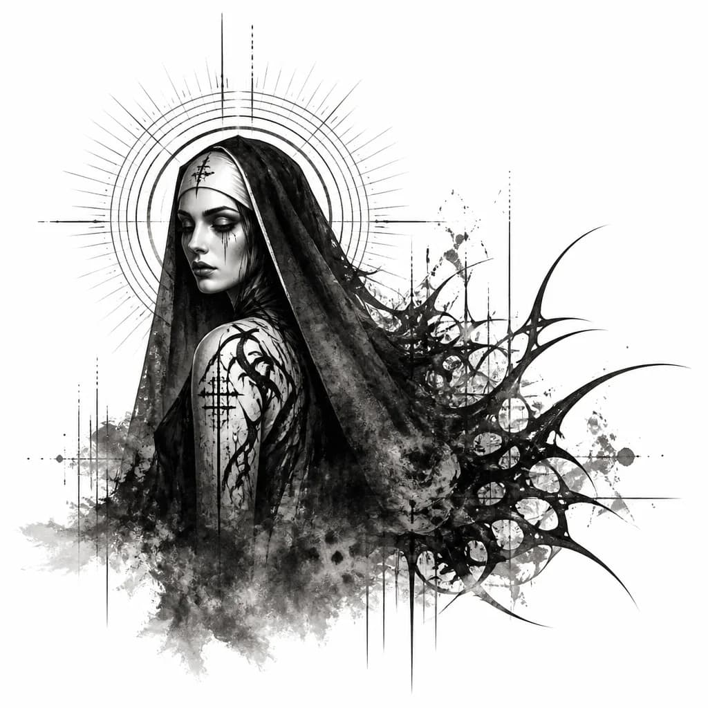 Тату эскиз: Monochrome ink wash on textured paper, gothic nun in three-quarter view, figure shifted left. Wet ink bleeding, soft mist around lower body. Neo-tribal elements dissolving into ink splatters and curved spikes. Abstract sun halo: geometric radiating lines, concentric rings, dotted borders, fine strokes — no pagan symbols. Rough linocut texture, worn stamp imprint, grainy grain, thick charcoal strokes with fine dots, dry brush streaks. No photorealism, dark etching style, sketchy, negative space f
