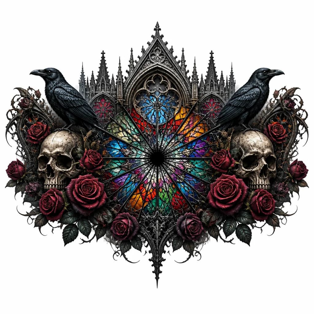 Тату эскиз: Tattoo design on skin, a bullet hole impact in glass, radial cracks spreading from a central point, supplemented with vibrant colorful stained glass shards filling the cracks, mosaic pattern, hyper-realistic skin texture, bright translucent colors, cinematic lighting.