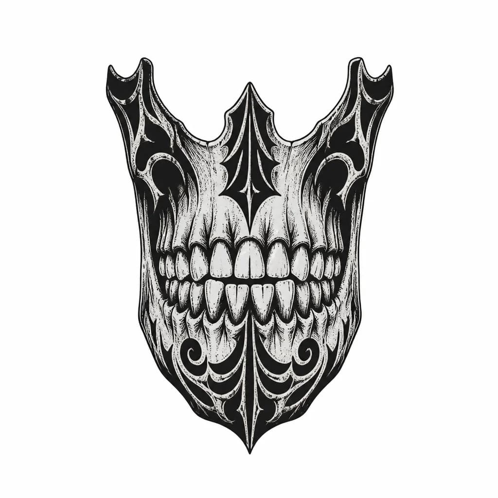 Тату эскиз: Front-facing distorted human jaw, one continuous monolithic bone structure, upper and lower jaws visually fused into one unified form. Teeth are slightly separated, leaving only a tiny visible slit of negative space between upper and lower teeth. Irregular human teeth, subtly malformed anatomy. No skull, face, eyes or nose. Vintage anatomical engraving, blackwork, fine cross-hatching, black ink on white background.