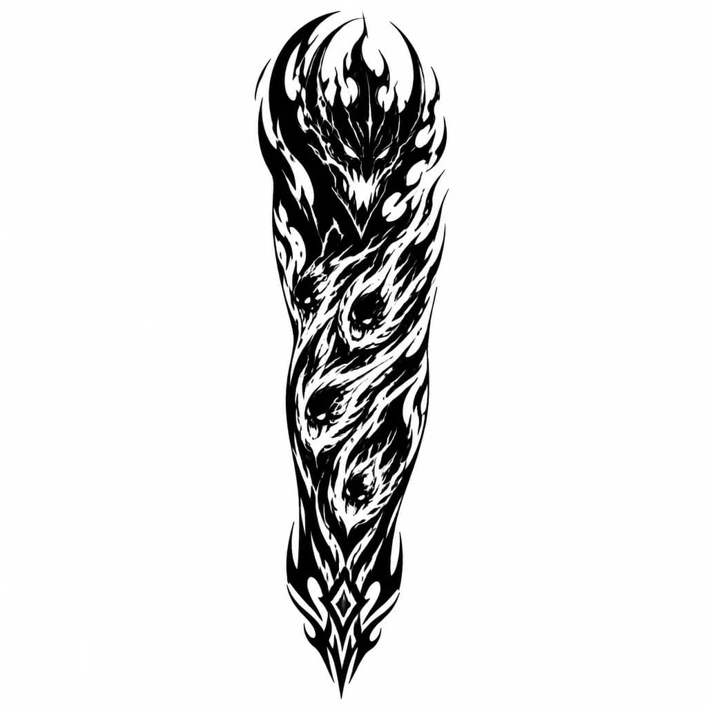 Тату эскиз: рукав в демоническом стиле с использованием скилов shadow fiend из доты 2 (огонь, пламя, вылетающие души)