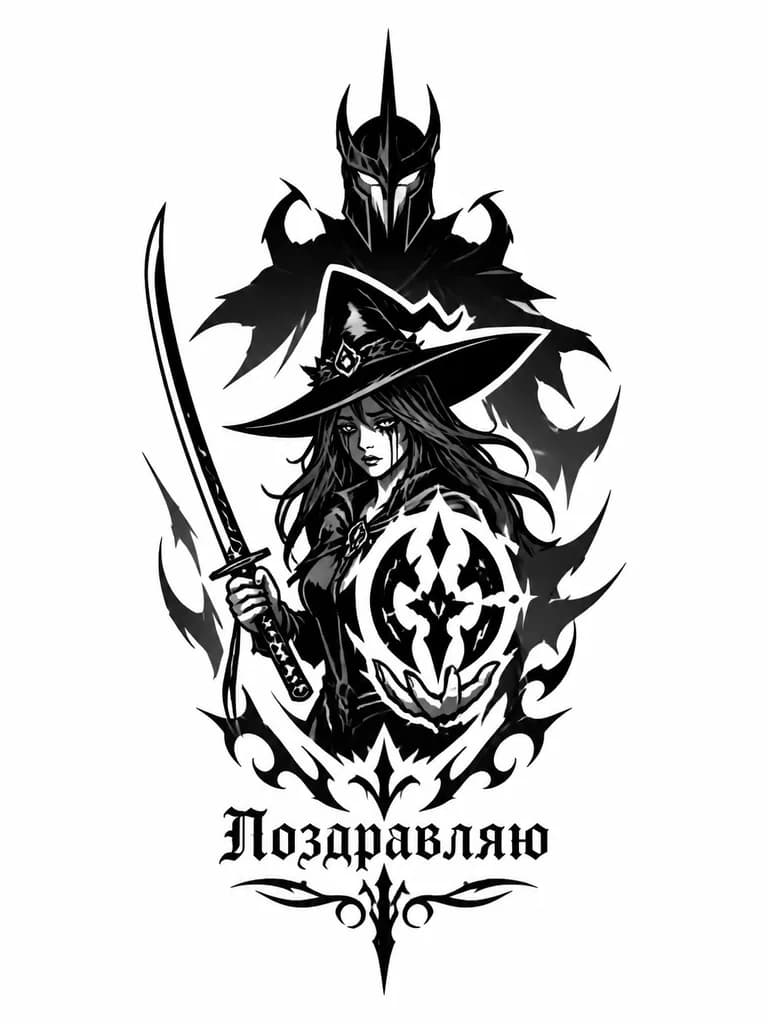 Тату эскиз: Ведьма каламитас из мода calamiti в игре террария что держит мечь мурасама в одной руке а перед собой предмет рассколотое сообщество а за спиной в виде тени стоит рыцарь ярим с святящимеся глазами сделай по меньше деталей и чтоб у ведьмы шли слезы
