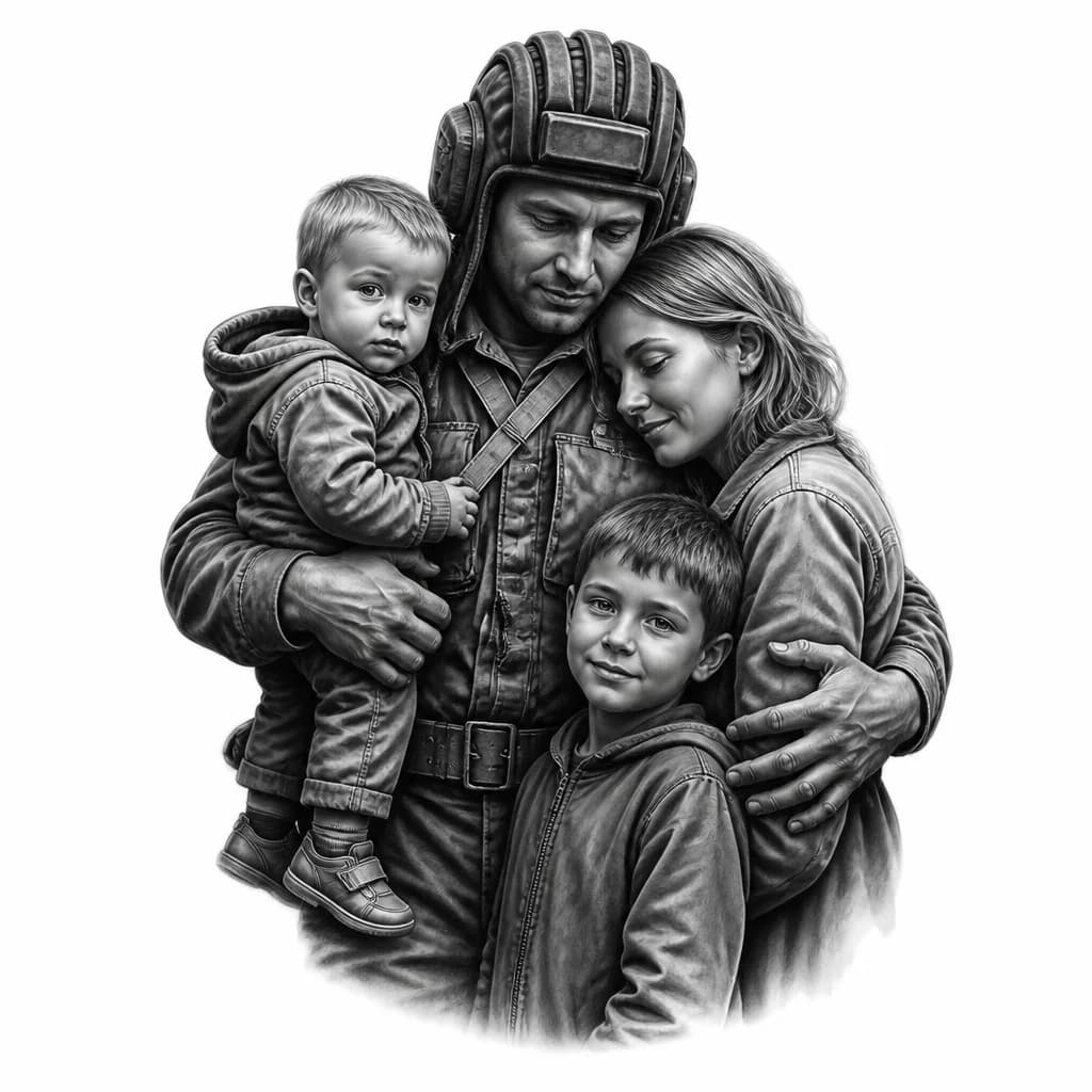 Тату эскиз: Солдат в танковом шлемофоне,с семьёй 2 сына,один старше другой младше и супруга.Солдат держит сына тот,что помладше на руке ,рядом стоит сын тот,что постарше и супруга,солдат обнимает супругу и старшего сына .