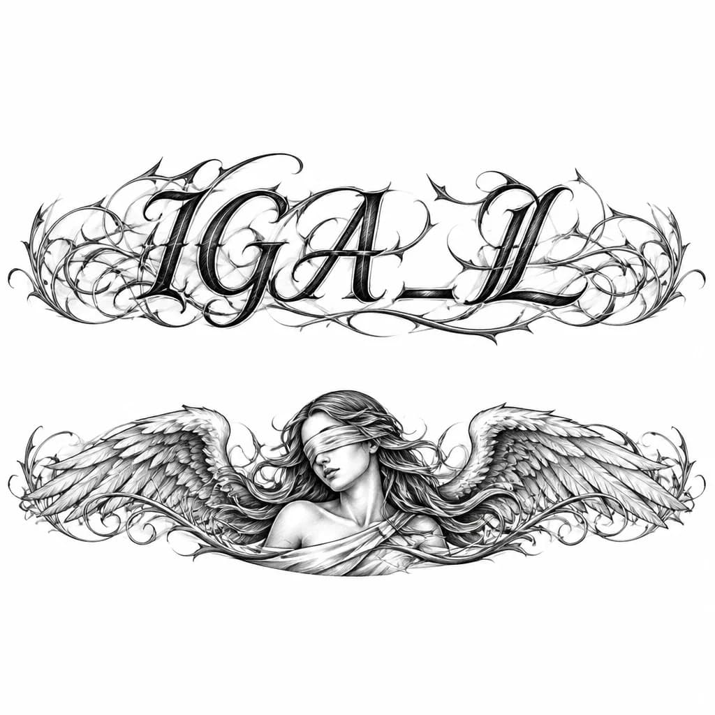 Тату эскиз: текст "IGA_L" на внешней стороне предплечья. На внутренней стороне предплечья ангел - женщина с завязанными глазами.