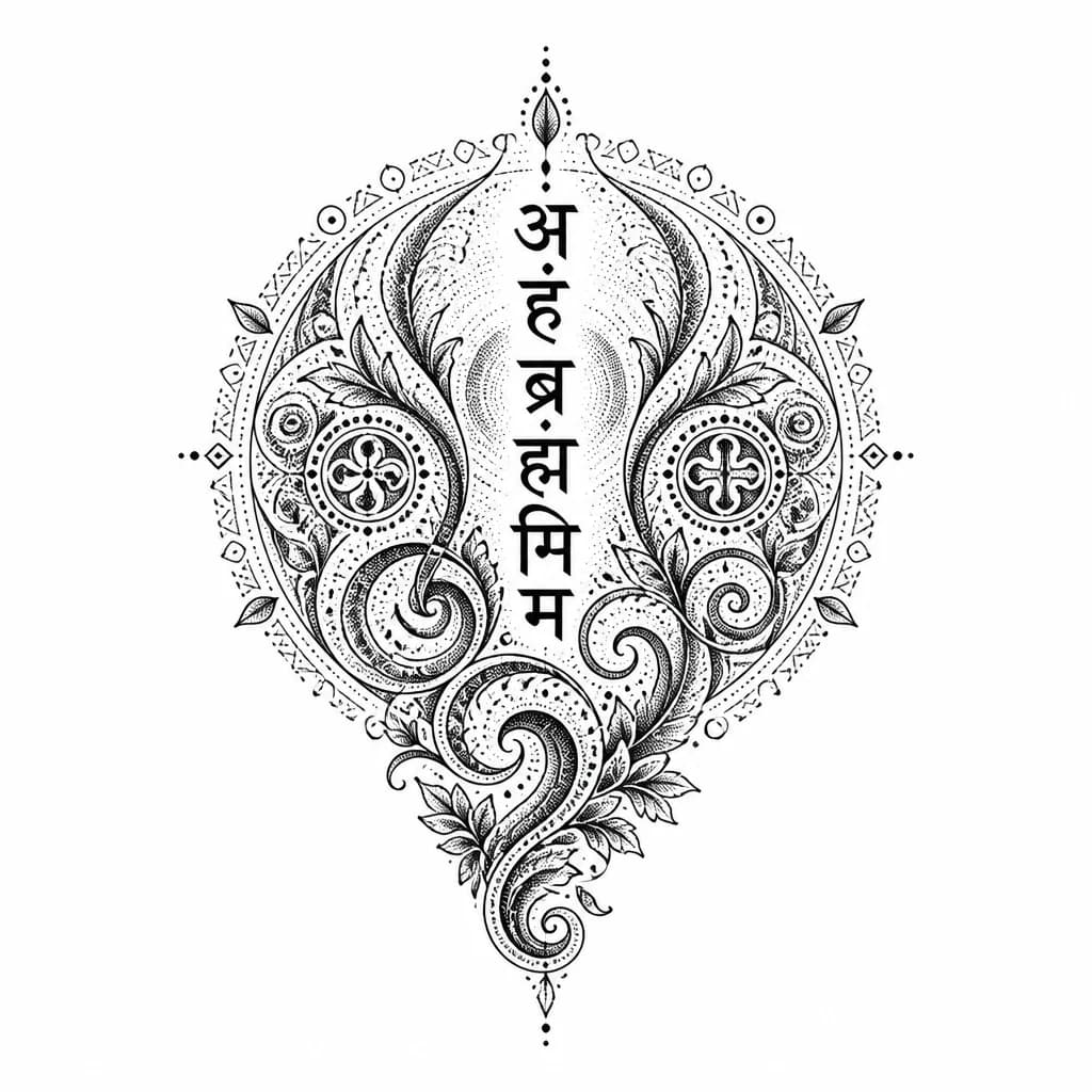 Тату эскиз: A high-contrast blackwork tattoo design template for a vertical forearm sleeve, showcasing a seamless fusion of ancient Alanian (Ossetian) ornament and Sanskrit lettering.
In the center, there is a vertical inscription in crisp black Sanskrit Devanagari script, oriented top-to-bottom. The bottom of the inscription flows naturally into a dynamic, cascading Alanian (Sarmatian/Scythian) plant ornament.
The ornament consists of flowing, fluid S-shaped spiral waves and botanical tendrils that gra
