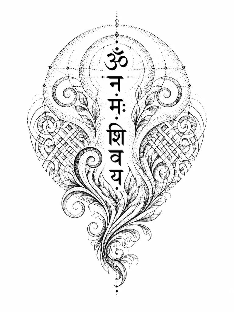 Тату эскиз: A high-contrast blackwork tattoo design template for a vertical forearm sleeve, showcasing a seamless fusion of ancient Alanian (Ossetian) ornament and Sanskrit lettering.
In the center, there is a vertical inscription in crisp black Sanskrit Devanagari script, oriented top-to-bottom. The bottom of the inscription flows naturally into a dynamic, cascading Alanian (Sarmatian/Scythian) plant ornament.
The ornament consists of flowing, fluid S-shaped spiral waves and botanical tendrils that gra