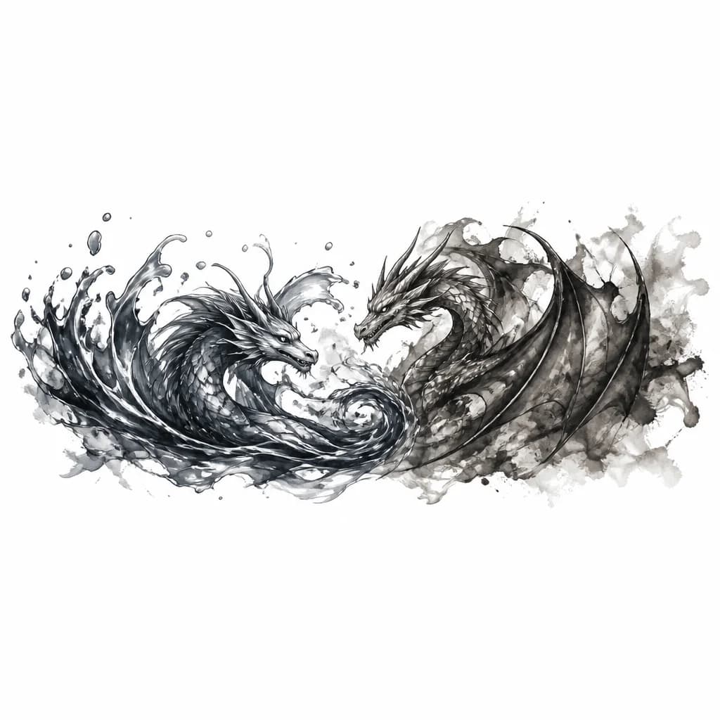 Тату эскиз: A black, grey, and deep indigo-blue ink tattoo design on a muscular male arm, showcasing a continuous full sleeve from the forearm to just above the elbow. The concept features a seamless elemental transformation of two interacting dragons.
INNER FOREARM START: A dynamic female water dragon starts at the wrist, rendered in a solid, heavy watercolor (watercolor) style with deep indigo waves, fluid splashes, and sharp water droplets. This watercolor section is dense and dark, specifically designe
