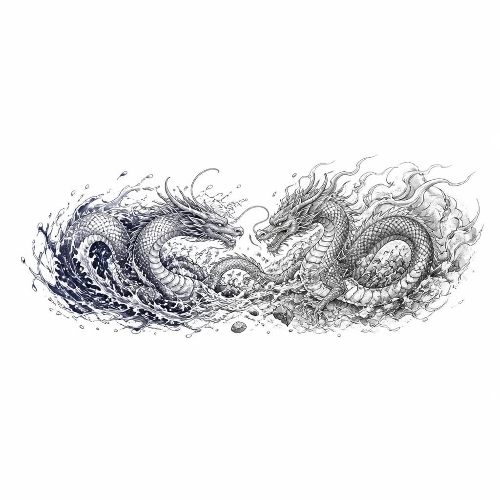 Тату эскиз: A black, grey, and deep indigo-blue ink tattoo design on a muscular male arm, showcasing a continuous full sleeve from the forearm to just above the elbow. The concept features a seamless elemental transformation of two interacting dragons.
INNER FOREARM START: A dynamic female water dragon starts at the wrist, rendered in a solid, heavy watercolor (watercolor) style with deep indigo waves, fluid splashes, and sharp water droplets. This watercolor section is dense and dark, specifically designe
