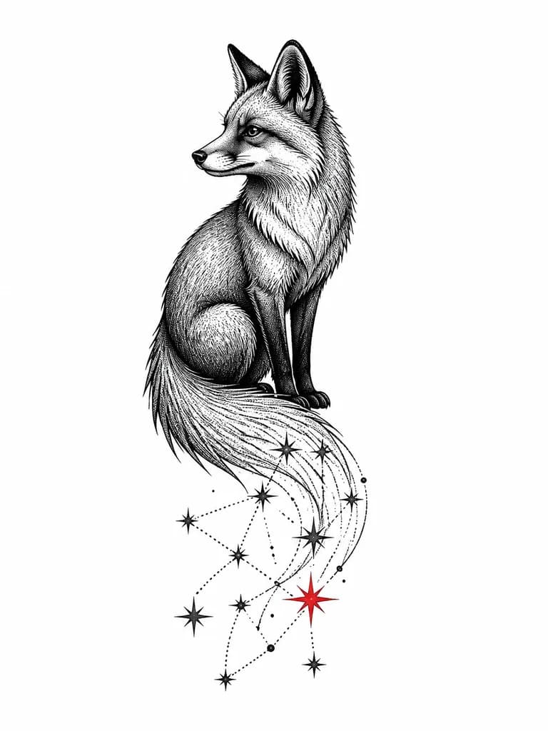 Тату эскиз: 🦊 Лиса
• Внешний вид: Стилизованная лиса с грациозным силуэтом. Её хвост плавно переходит в звезду или созвездие из тонких линий (дотворк). Одна звезда выделена красным цветом — это твой личный маркер.
• Скрытый смысл: Лиса символизирует твою трансформацию: от «я выше этой фигни» к влюблённости. Звезда — отсылка к стихам о космосе.
РЕАЛИСТИЧНЫЙ СТИЛЬ. ГРАФИКА