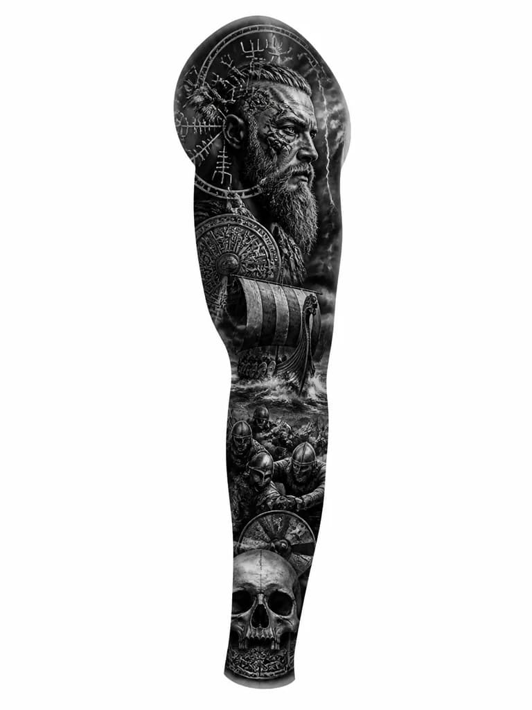 Тату эскиз: High-resolution detailed black and grey realism and neo- traditional full tattoo sleeve design. Viking warfare theme.