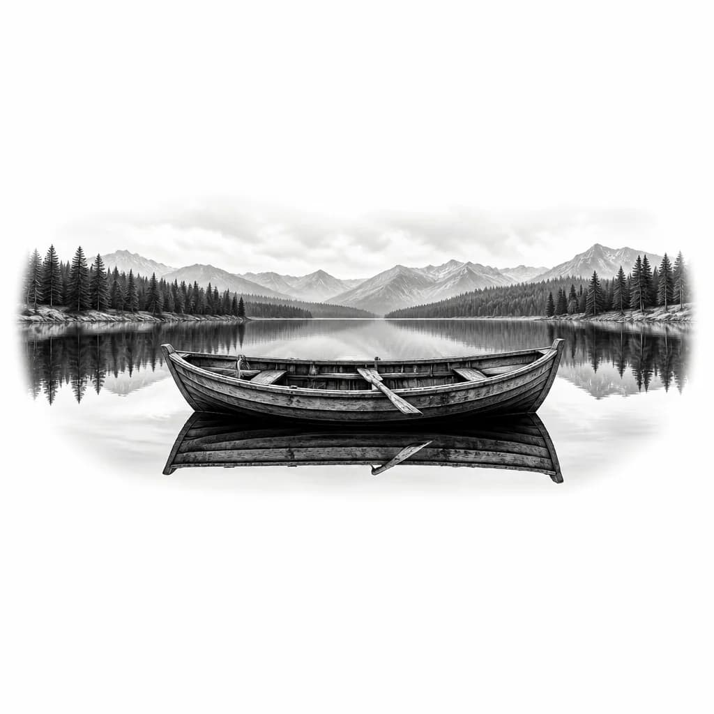 Тату эскиз: A small wooden boat on a mirror-like lake with its reflection below, one oar broken and visible inside the boat, black and white monochrome ink, symmetrical mirror composition, detailed water surface, high contrast clean lines, tattoo flash sheet illustration, white background