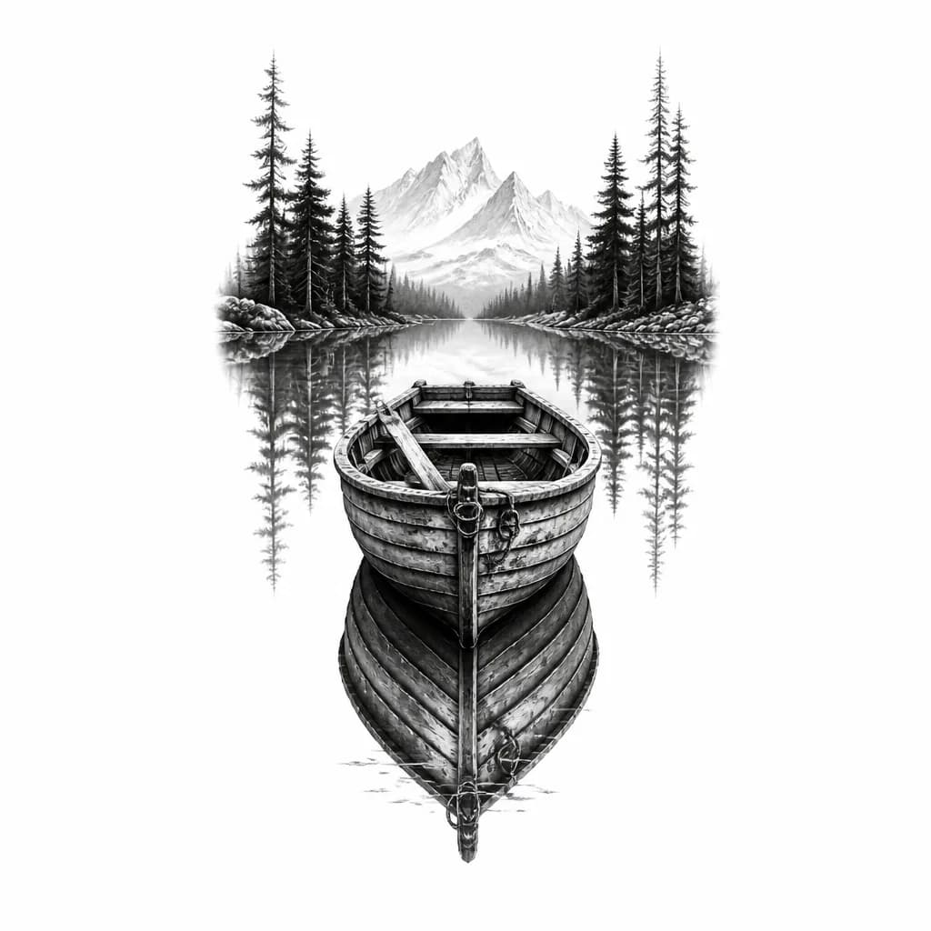 Тату эскиз: A small wooden boat on a mirror-like lake with its reflection below, one oar broken and visible inside the boat, black and white monochrome ink, symmetrical mirror composition, detailed water surface, high contrast clean lines, tattoo flash sheet illustration, white background