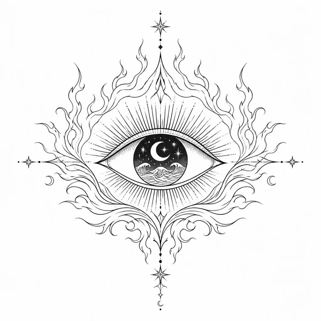 Тату эскиз: Third eye symbol with stars, crescent moon, and water waves contained within the iris, surrounded by mystical flame patterns, black and white monochrome ink, intricate detail work, cosmic theme, tattoo flash sheet illustration, white background, high contrast, clean lines