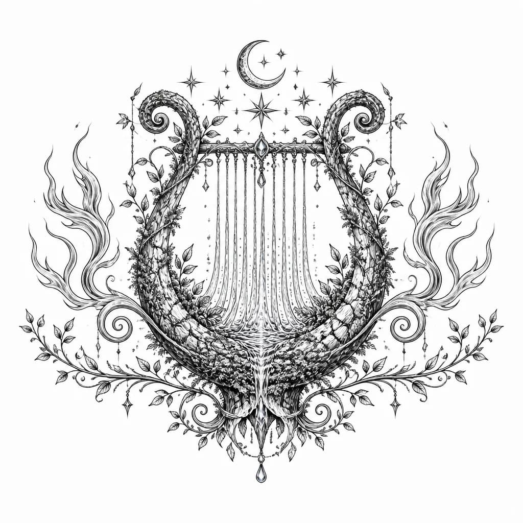 Тату эскиз: Ornate lyre or harp composed of natural elements - water strings, earth-textured body, stars and crescent moon adorning the top, flames decorating the edges, black and white ink style, symmetrical and detailed, tattoo flash sheet illustration, white background, high contrast, clean lines