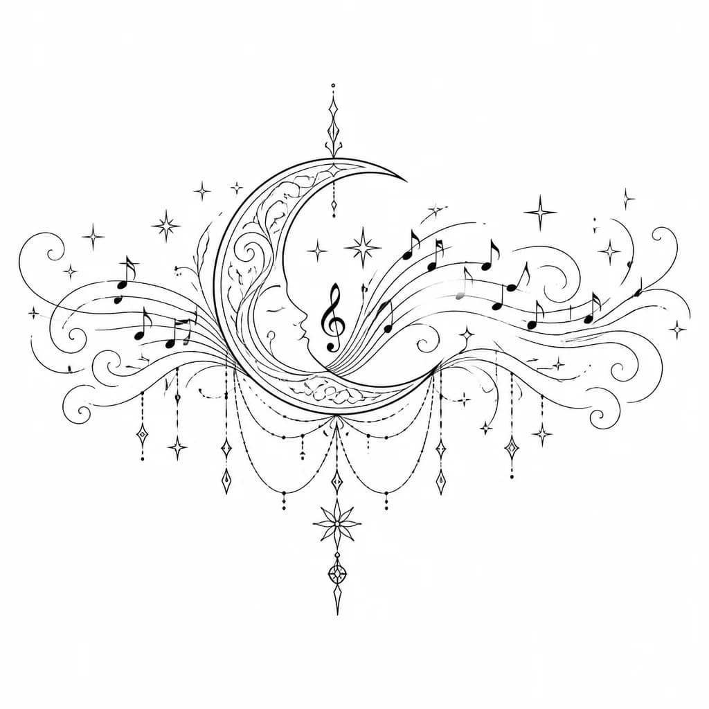 Тату эскиз: A crescent moon with flowing musical note waves emanating from it, intertwining rhythmically, black and white monochrome ink style, mystical and ethereal, detailed line work, tattoo flash sheet illustration, white background, high contrast, clean lines