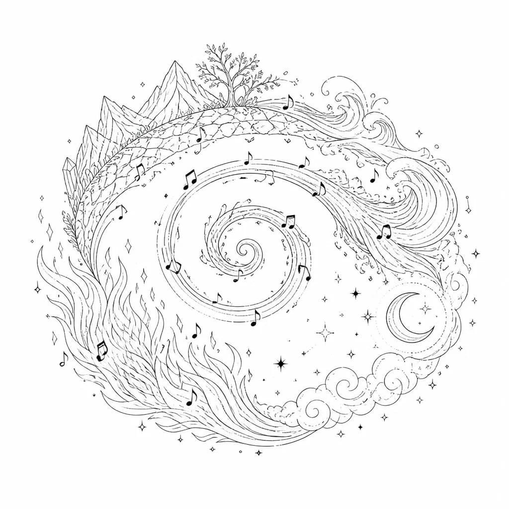 Тату эскиз: Spiral path journeying through four elemental sections - solid earth patterns, flowing water waves, dancing flames, and starry cosmic space with crescent moon, musical notes scattered along the path, black and white ink monochrome style, flowing and detailed work, tattoo flash sheet illustration, white background, high contrast, clean lines