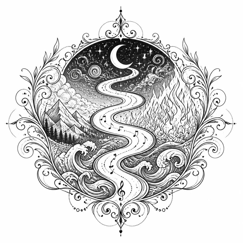 Тату эскиз: Spiral path journeying through four elemental sections - solid earth patterns, flowing water waves, dancing flames, and starry cosmic space with crescent moon, musical notes scattered along the path, black and white ink monochrome style, flowing and detailed work, tattoo flash sheet illustration, white background, high contrast, clean lines