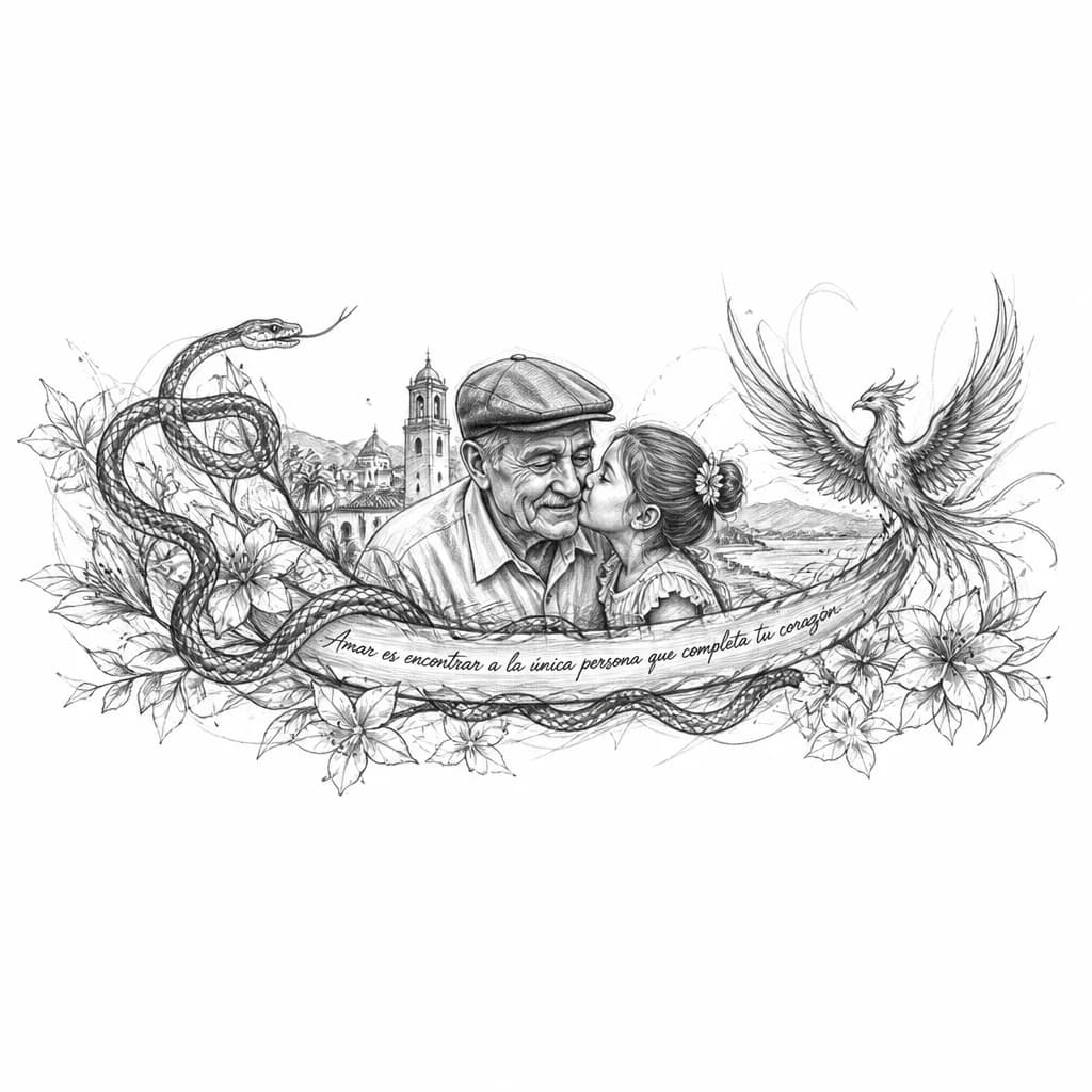 Тату эскиз: Змея обвивает руку. Должен быть феникс как символ Возрождения. Цитата на лучевой кости : Amar es encontrar a la única persona que completa tu corazón. Портрет дедушки с Малагой девочкой. Вокруг пустоты заполнить цветами . Тату женское до локтя