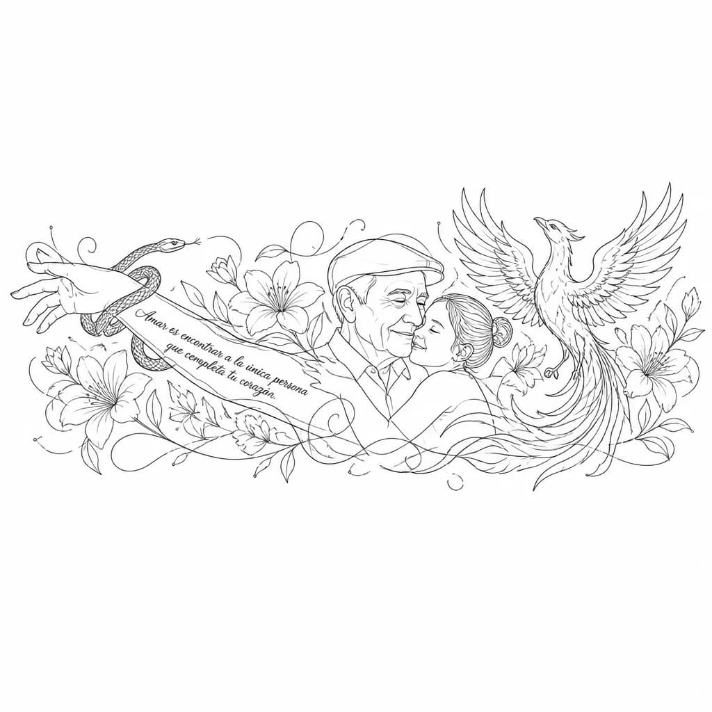 Тату эскиз: Змея обвивает руку. Должен быть феникс как символ Возрождения. Цитата на лучевой кости : Amar es encontrar a la única persona que completa tu corazón. Портрет дедушки с Малагой девочкой. Вокруг пустоты заполнить цветами . Тату женское до локтя