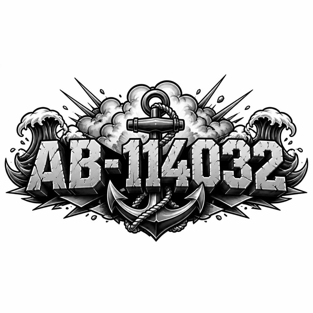Тату эскиз: Tattoo sketch, 3D bold lettering text "АВ-114032" with realistic deep cracks and breaking stone texture, small flying debris, powerful explosion cloud on the background, dramatic shadows, high contrast, black and grey ink, white background, tattoo flash design, 8k.