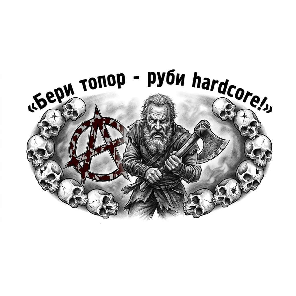 Тату эскиз: Дед с бородой в руках топор , яростно устремленный в бой. На заднем плане кровавый символ анархии. Вокруг него овальная рамка из черепов врагов.