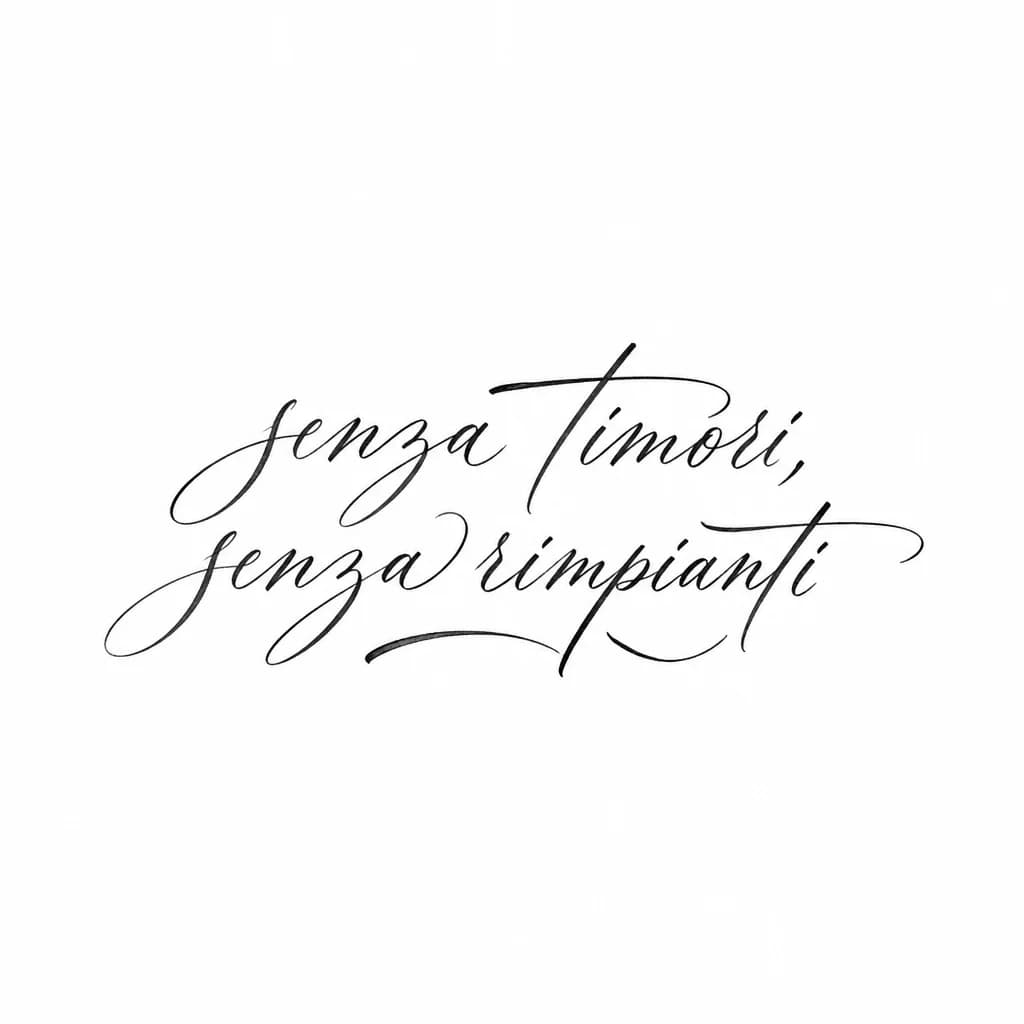 Тату эскиз: цитата "senza timori, senza rimpianti" тонкий лаконичный шрифт, так как будто написано от руки, без каких либо дополнительных рисунков