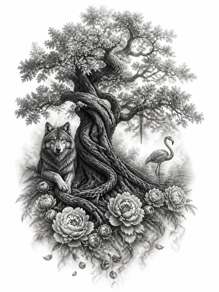 Тату эскиз: Эскиз татуировки на спине девушки в стиле реализм black & gray, 20–25 см. Вертикальная композиция «столб силы» со смещением от позвоночника. Иггдрасиль с мощным стволом, фактурной корой и глубокими тенями; лёгкая полупрозрачная листва; корни мягко уходят в тени. Слева у корней — собранная волчица, будто охраняет дерево; справа — лёгкий фламинго в воде; у подножия полукруг пионов. Падающие лепестки смешиваются с корнями. Без жёстких рамок и границ; края растворяются. Акцент на балансе масс