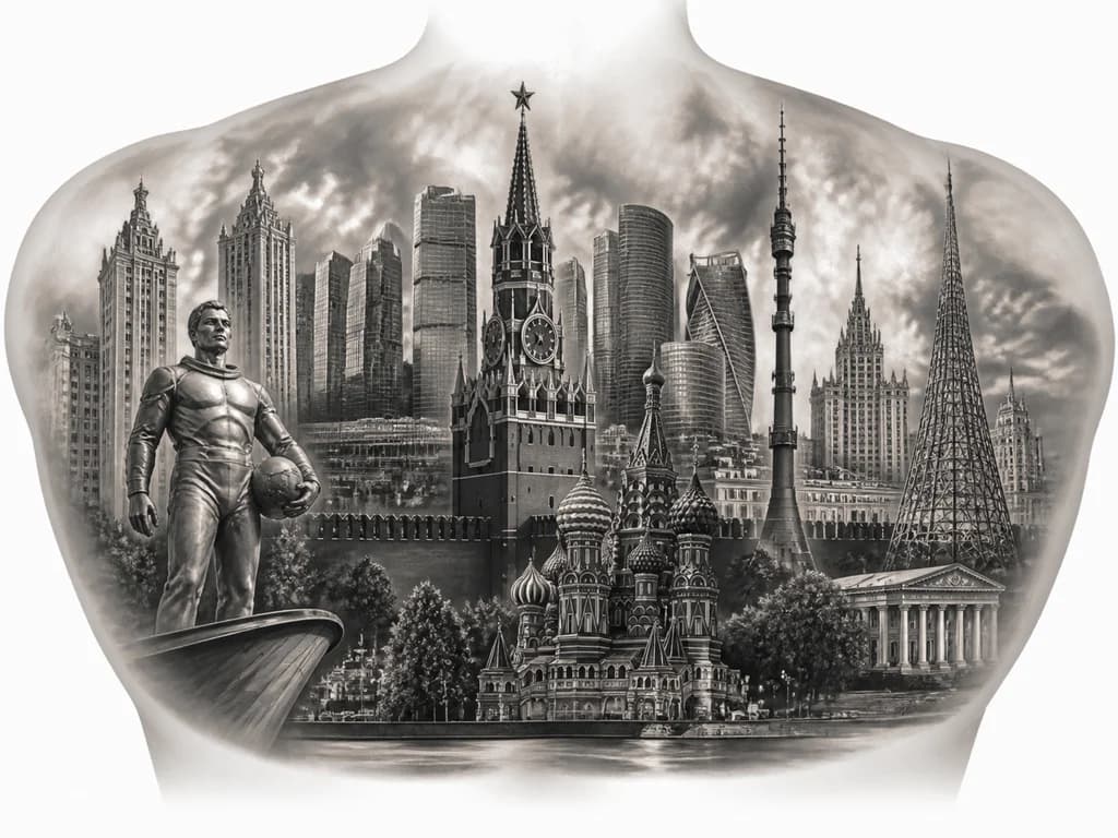 Тату эскиз: Тату достопримечательностей Москвы на спине В центре спасская башня, храм Василия блаженного, по бокам сталинские высотки, Останкинская башня, памятник Гагарина с домами близнецами, с Шуховской башней, позади москва сити