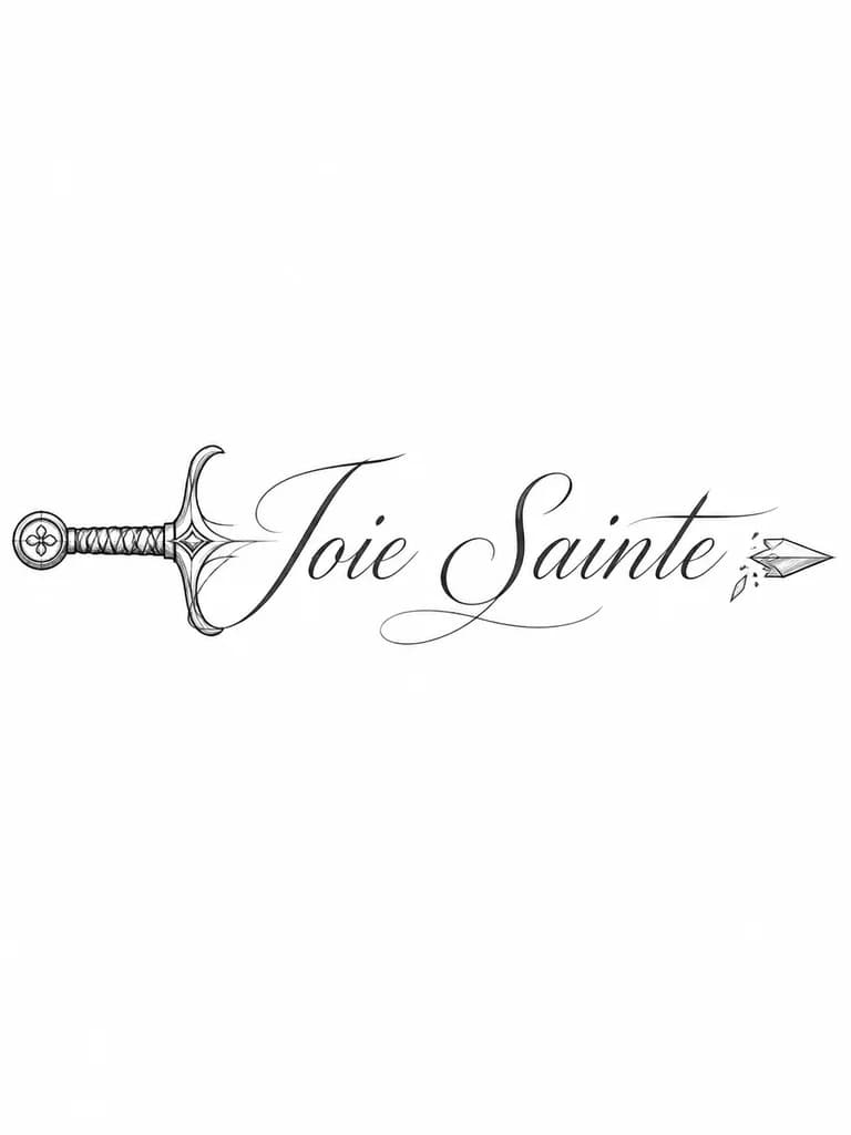 Тату эскиз: Мне нужна колиграфичная надпись Joie Sainte а в начале надписи рисунок рукояти меча, в конце надписи осколок наконечника меча,