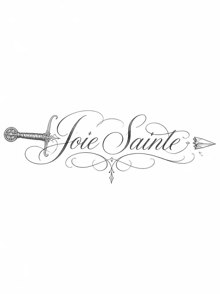 Тату эскиз: Мне нужна колиграфичная надпись Joie Sainte , очень красивыми линиями с завитушками, а в начале надписи рисунок рукояти меча, в конце надписи осколок наконечника меча,